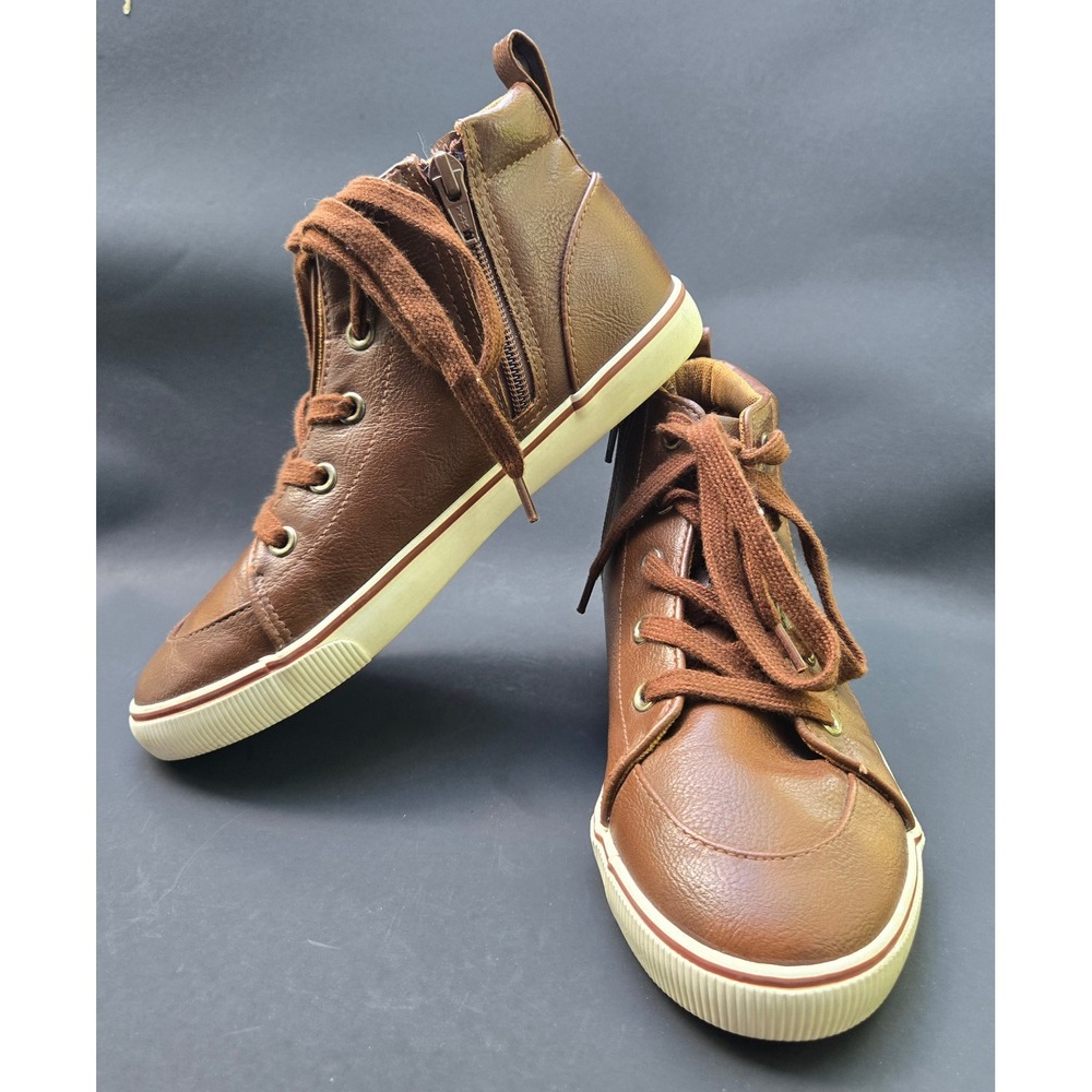 Cat & Jack Kids Brown Faux Leather High Top Sneakers Side Zip Size 3